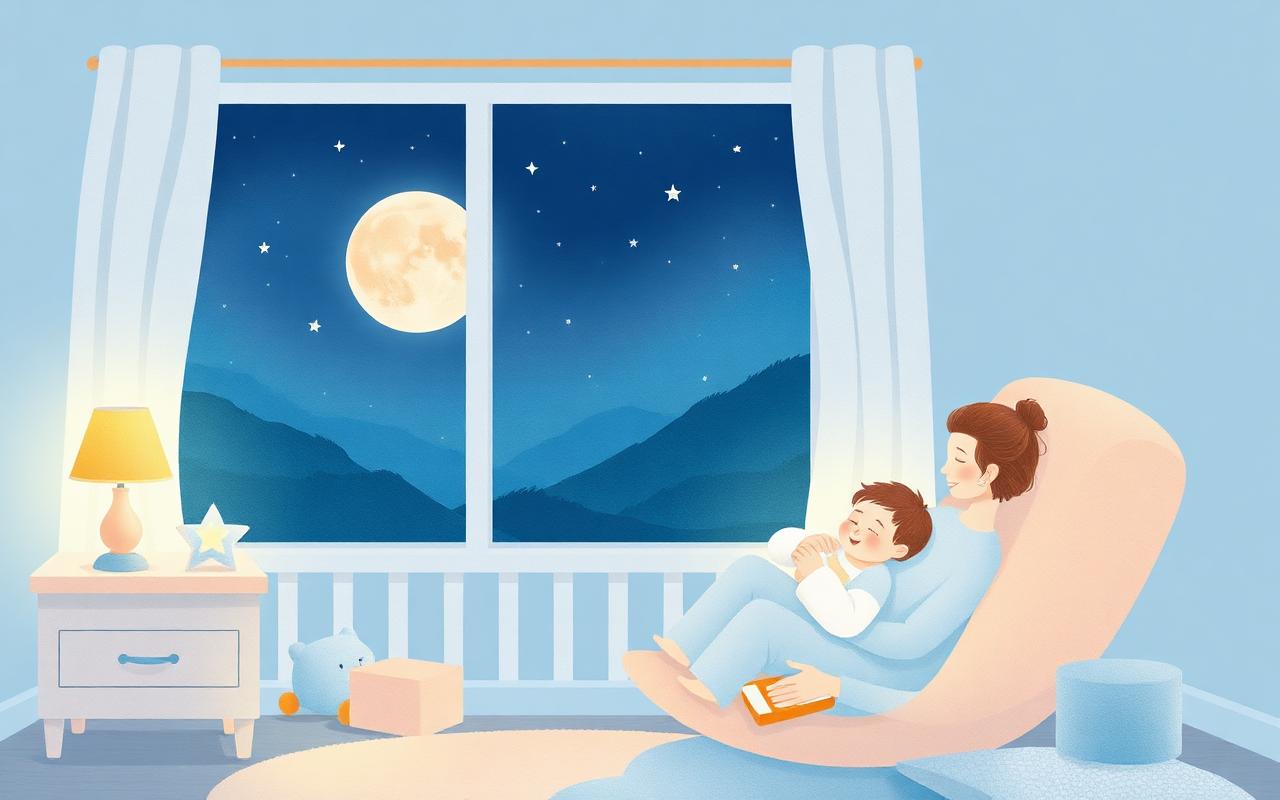 Mama ziba zaspanega otroka ob topli lučki, skozi okno luna in zvezde